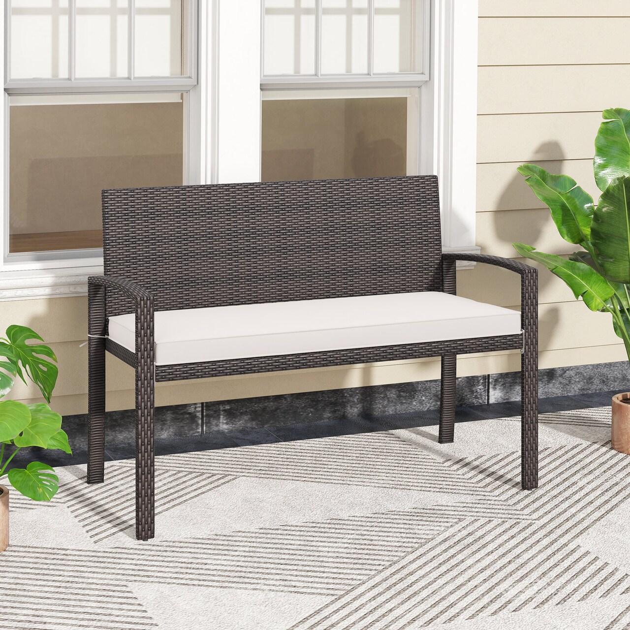 Outdoor Wicker Bench with Cushion and Metal Frame for 2 People
